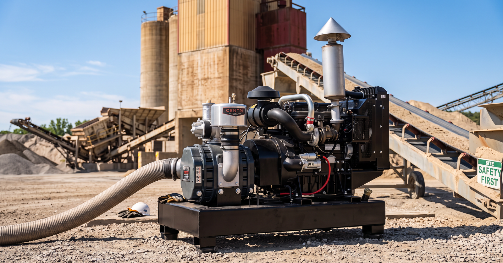 Industrial pump system at a construction site with silos in the background.