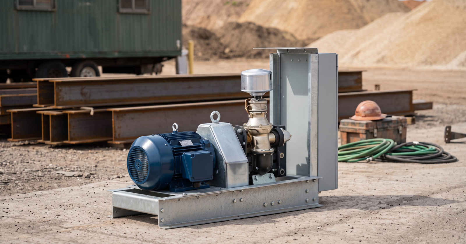 Industrial pump system on construction site with steel beams and equipment.